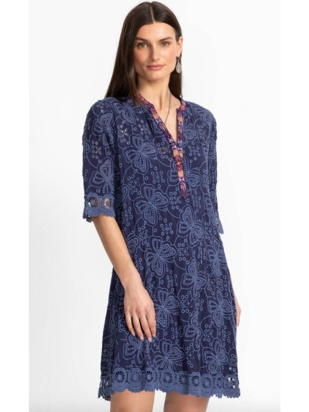 Johnny Was Malfi Mandarin Collar Dress XXL Eyelet Embroidered Butterfly Floral